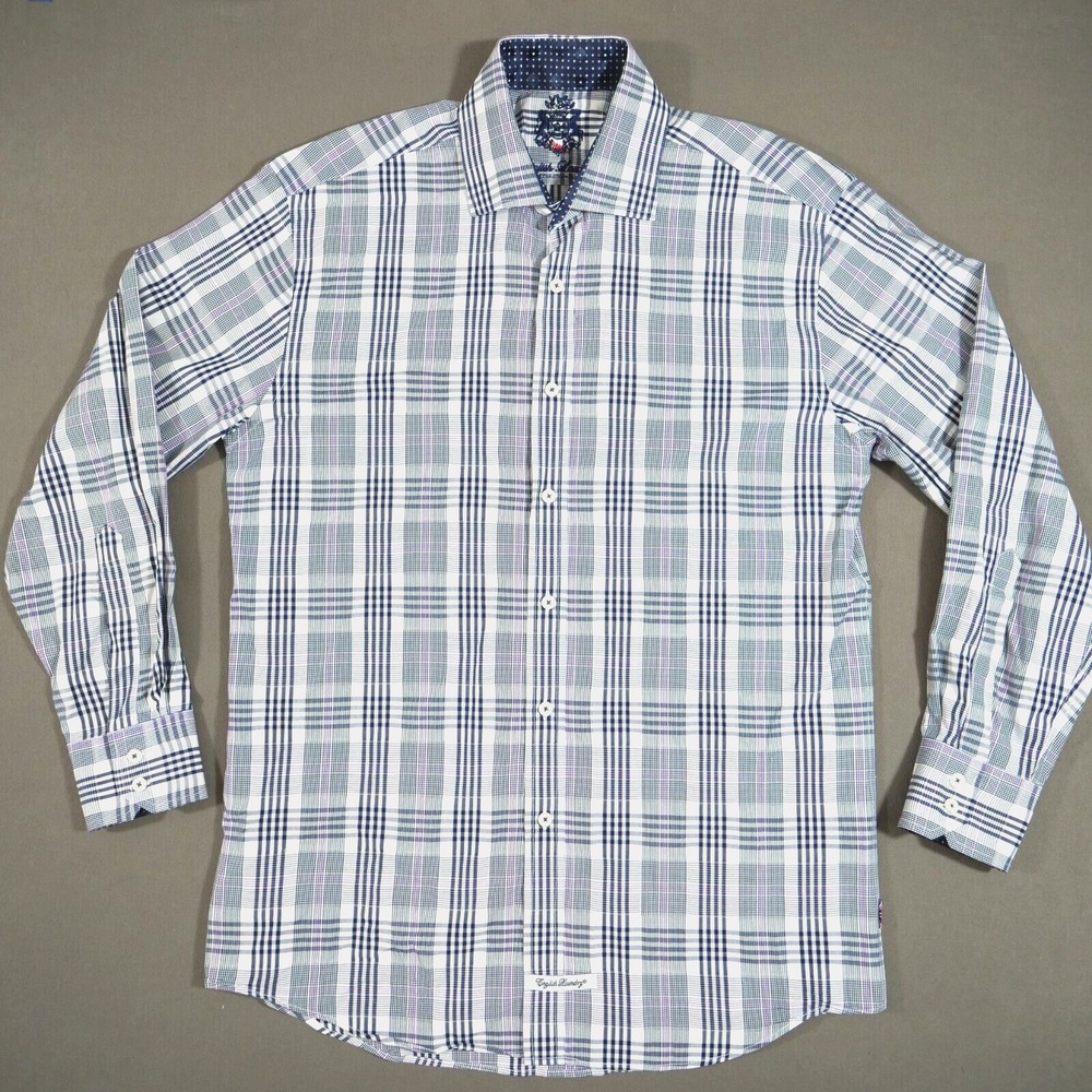 English Laundry Shirt Mens 15.5 32/33 Purple Blue Plaid Flip Cuff Long Sleeve